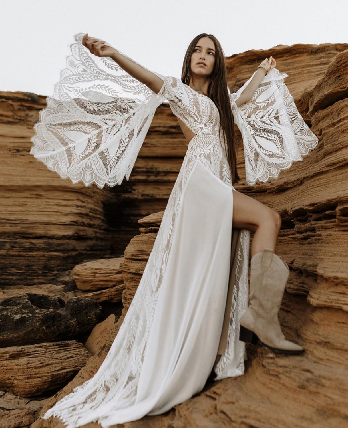 Women's Halter Lace Wedding Dress Removable Bell Sleeves High Slit A Line Long Informal Beach Bridal Gowns - Image 3