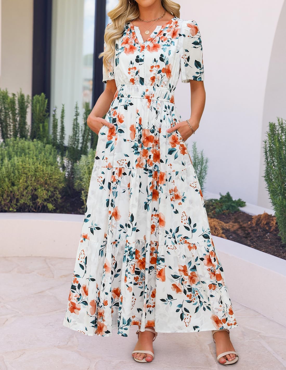 ZESICA Women's 2026 Summer Spring Floral Boho Maxi Dresses Casual Short Sleeve V Neck A Line Flowy Beach Vacation Dress - Image 9