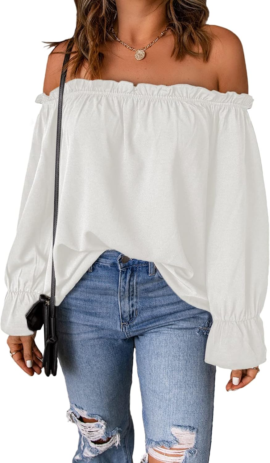 Spriolim Women's Off Shoulder Top Ruffle Long Sleeve Chiffon Blouse Casual Loose Shirts