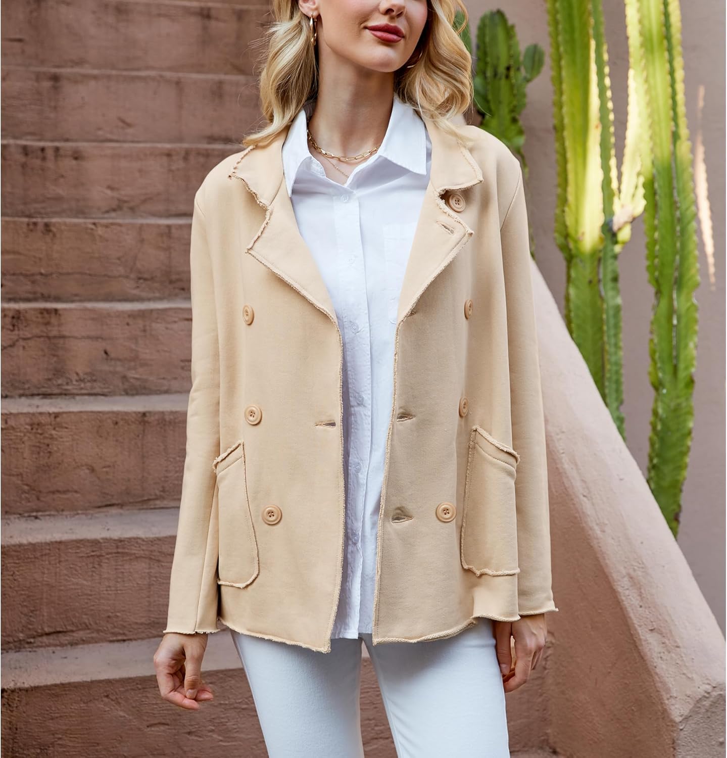 Ainangua Classic Trench Coats for Women Double Breasted Blazer Fleece Peacoat Jackets Essentials Fall Winter Coat - Image 4