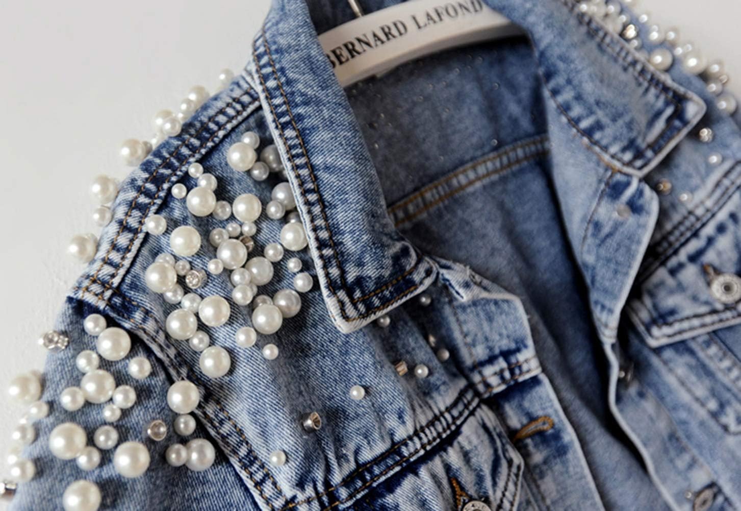 Kedera Women's Jean Jacket Embroidered Rivet Pearl Short Denim Jacket Coat - Image 6