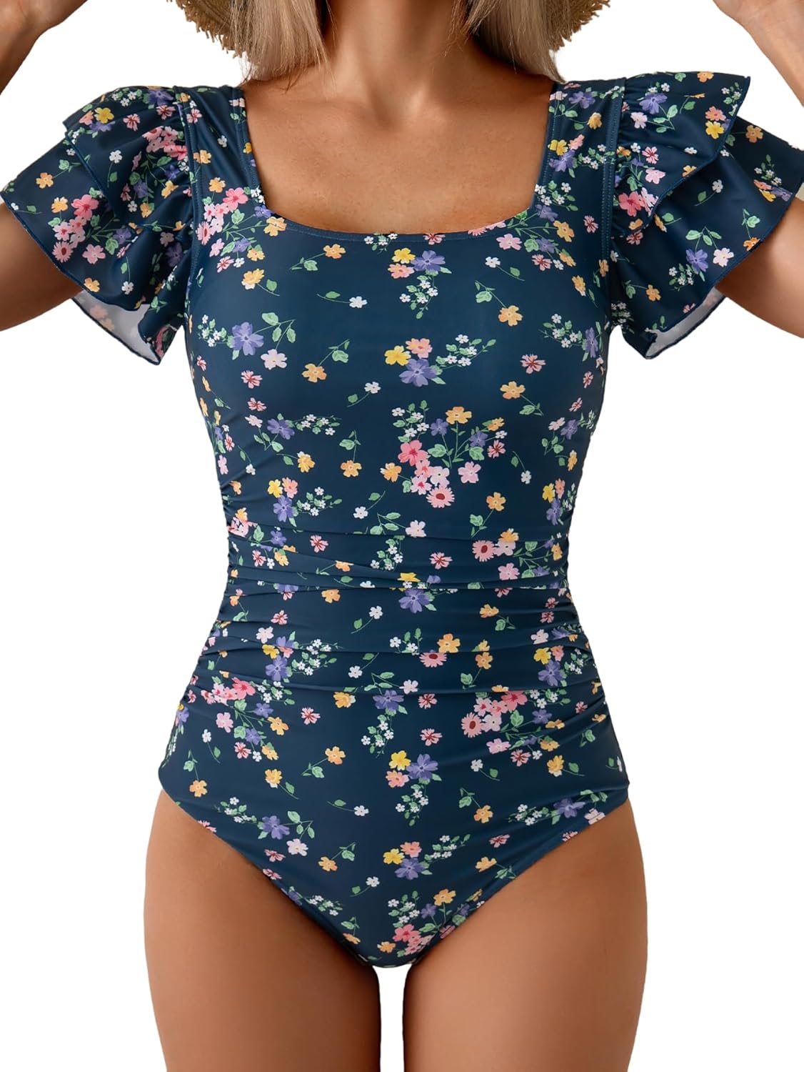 Eomenie Women's Tummy Control One Piece Swimsuit Ruffle Square Neck Bathing Suit Ruched Cutout Back Slimming Swimwear