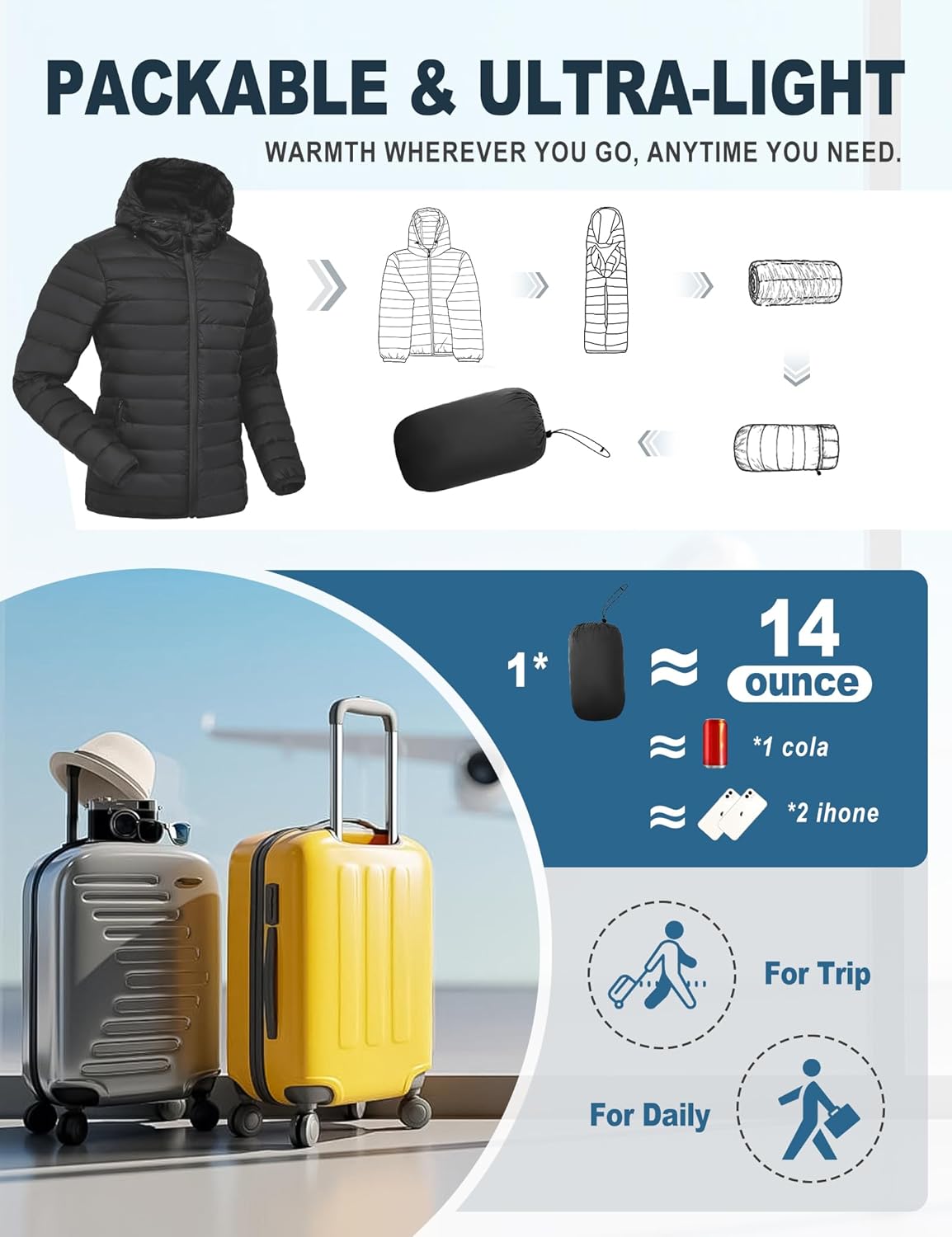 Womens Puffer Jacket Lightweight Packable Winter Light Coat Full-Zip Hooded Outerwear for Travel - Image 3