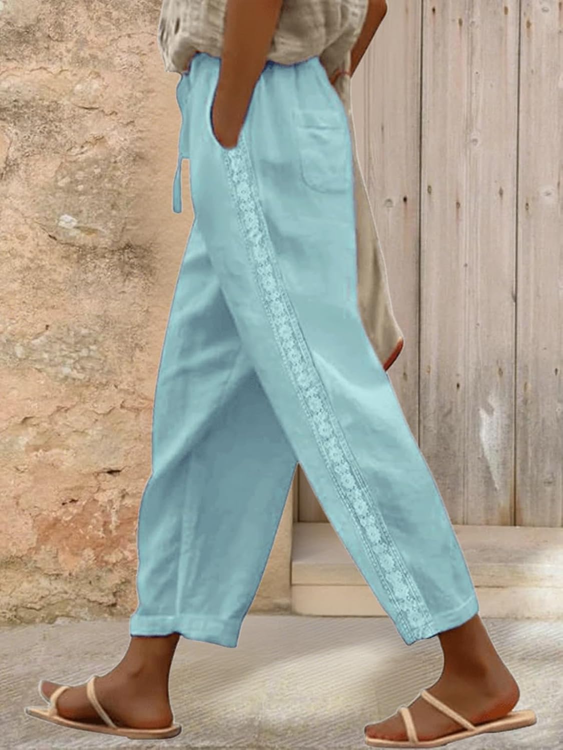 LOVESHOOT Women Linen Pants Summer 2026 High Waist Comfy Gauze Slacks Lightweight Casual Loose Trousers with Pockets