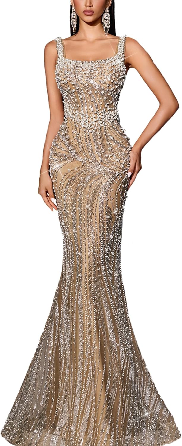 Women's Square Neck Sequin Beaded Mermaid Formal Evening Dress Spaghetti Strap Bodycon Prom Party Cocktail Maxi Gown
