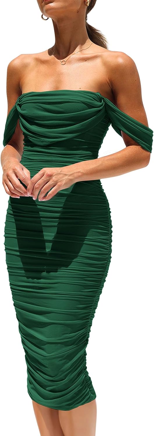 PRETTYGARDEN Summer Wedding Guest Dresses for Women 2026 Off the Shoulder Ruched Bodycon Spring Midi Cocktail Party Dress