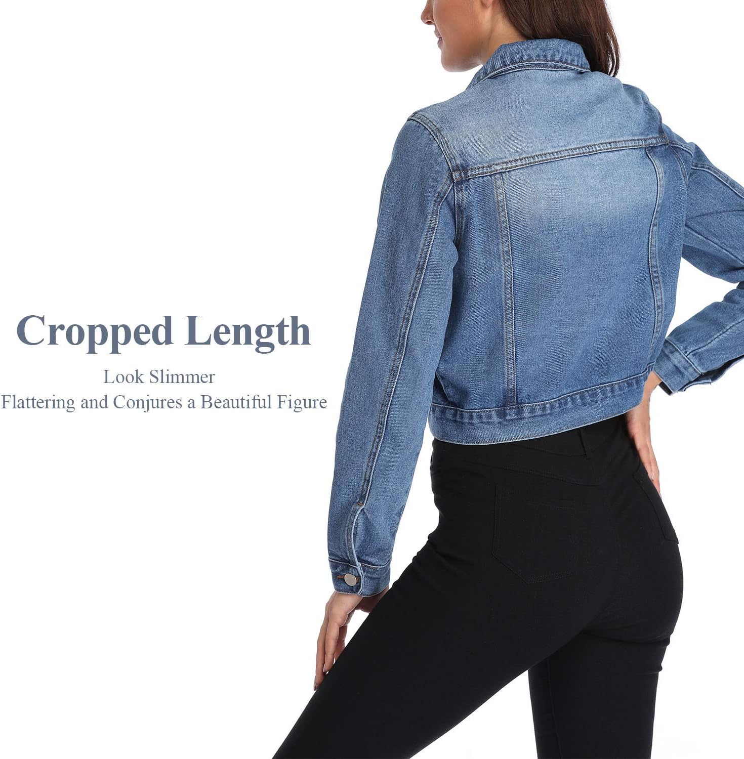 andy & natalie Women's Denim Jackets Cropped Long Sleeve Basic Button Down Crop Jean Shacket with Pockets - Image 4