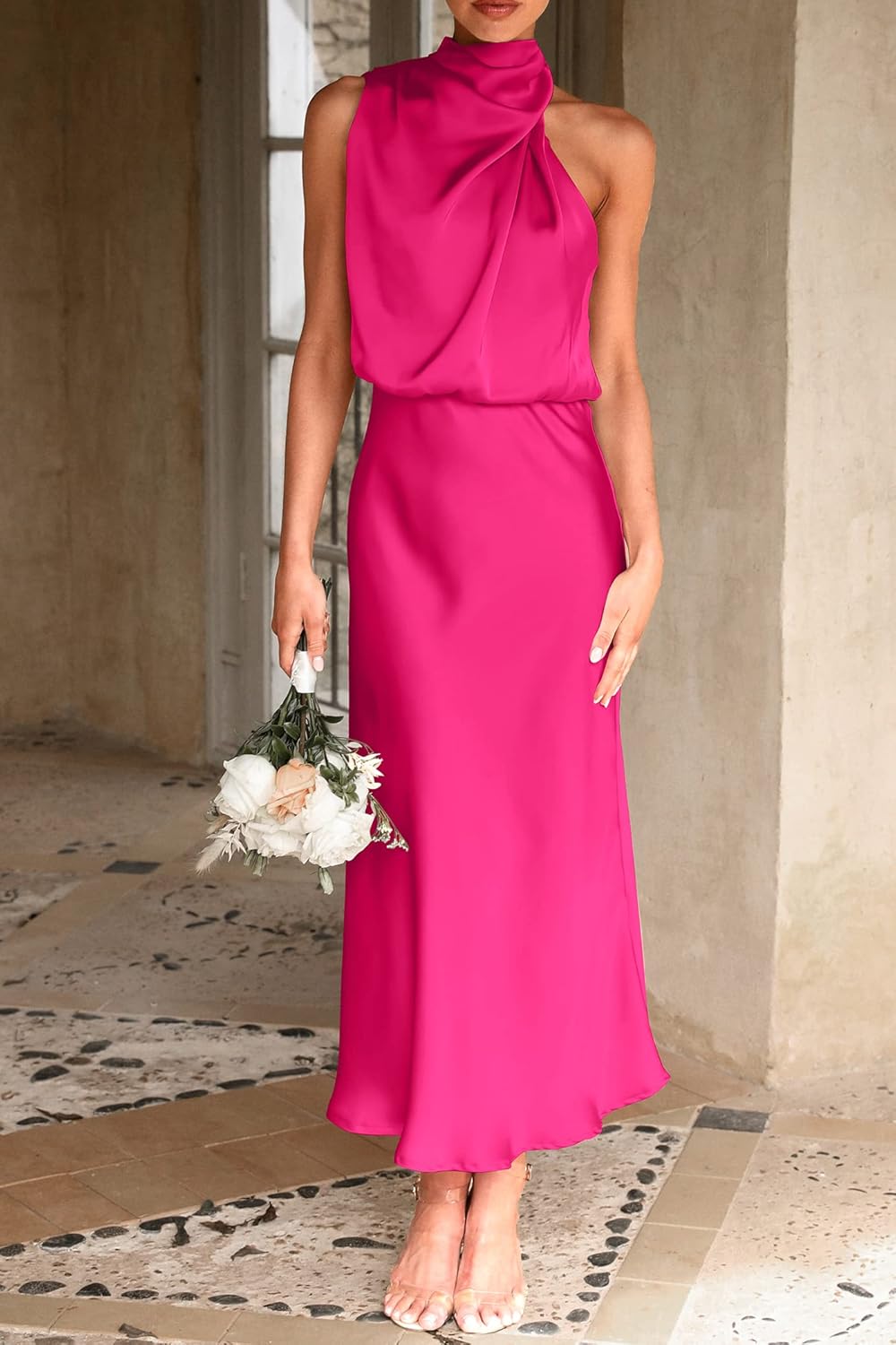 PRETTYGARDEN Women's 2026 Summer Satin Dress Elegant Sleeveless Mock Neck Cocktail Party Maxi Dresses - Image 5