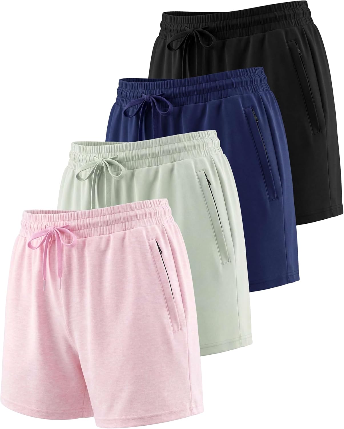 Real Essentials 4 Pack: Womens Athletic Dry-Fit Lounge Shorts with Zipper Pockets (Available in Plus Size)