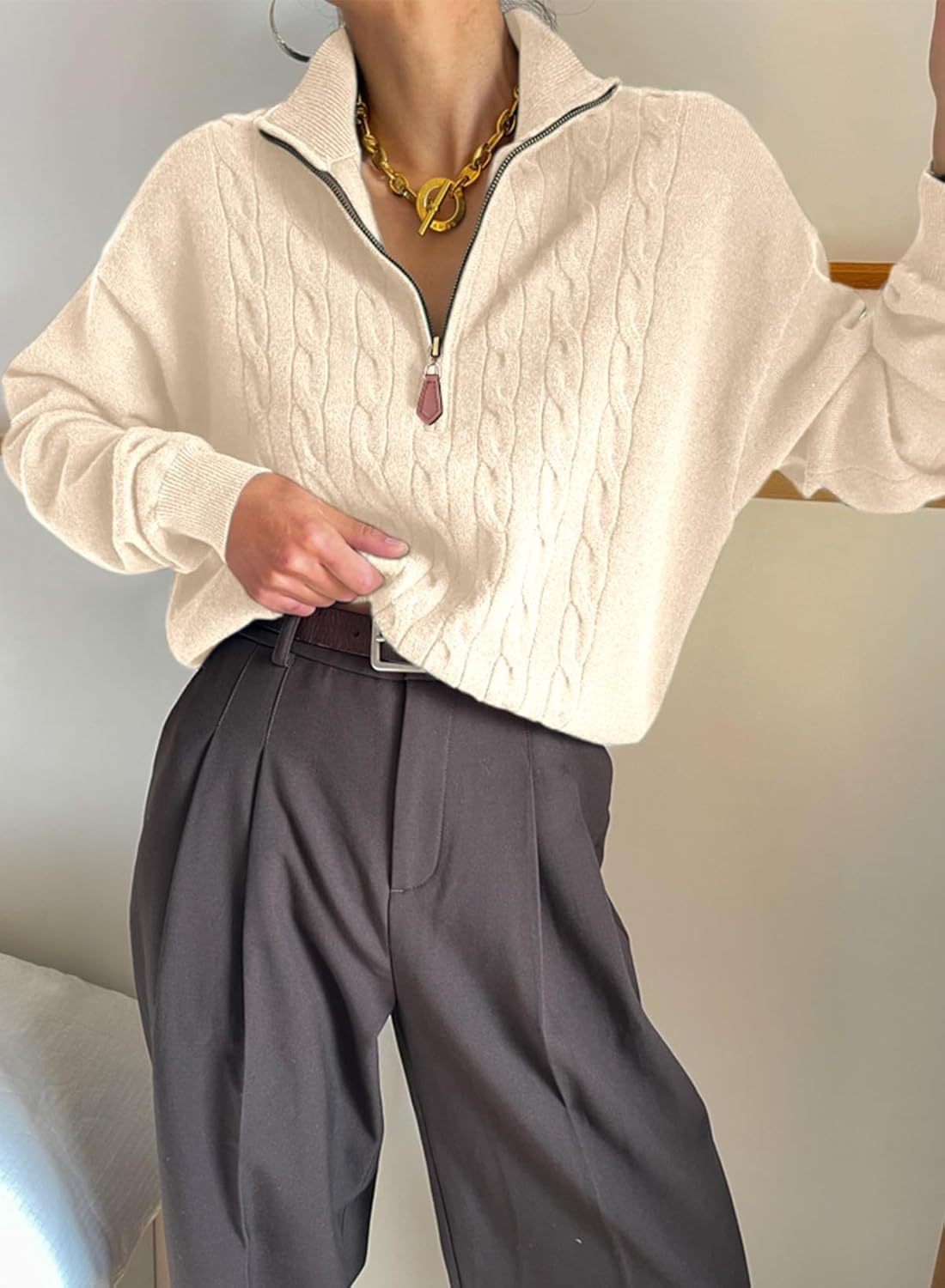 Dokotoo Women's Sweaters 2026 Fall Winter Quarter Zip Casual Ribbed Cable Knit Pullover - Image 3