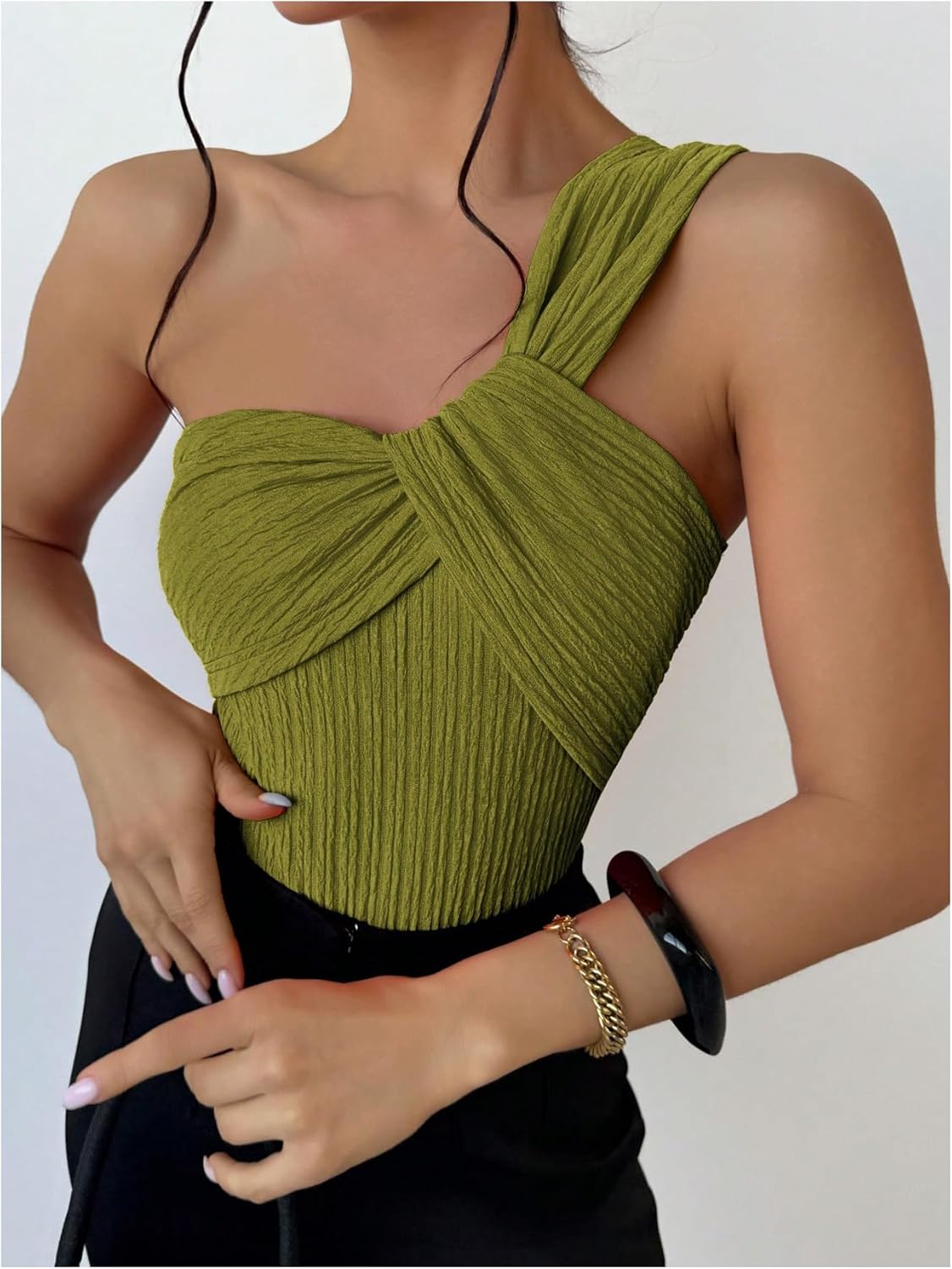 OYOANGLE Women's One Shoulder Going Out Bodysuit Tops Asymmetrical Textured Sleeveless Concert Tank Tops - Image 4