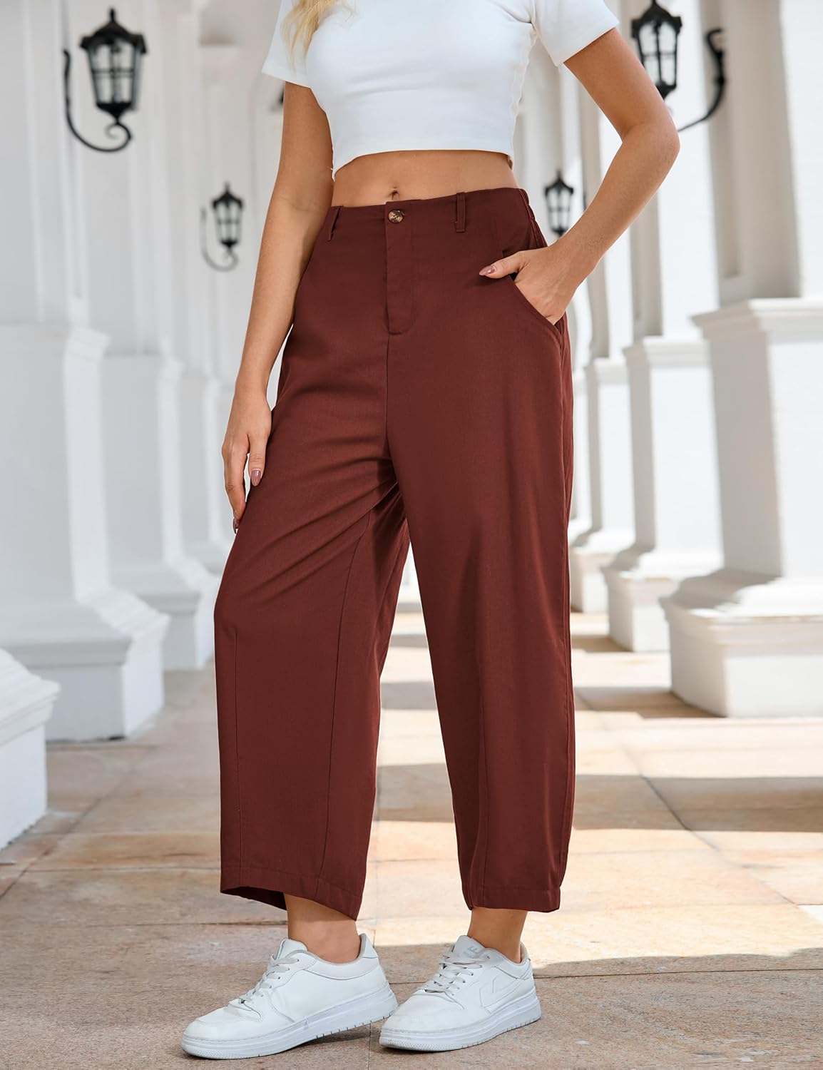 Tanming Womens Linen Pants Casual Capri Baggy Wide Leg Trousers Palazzo Pants Beach Vacation Outfits - Image 4