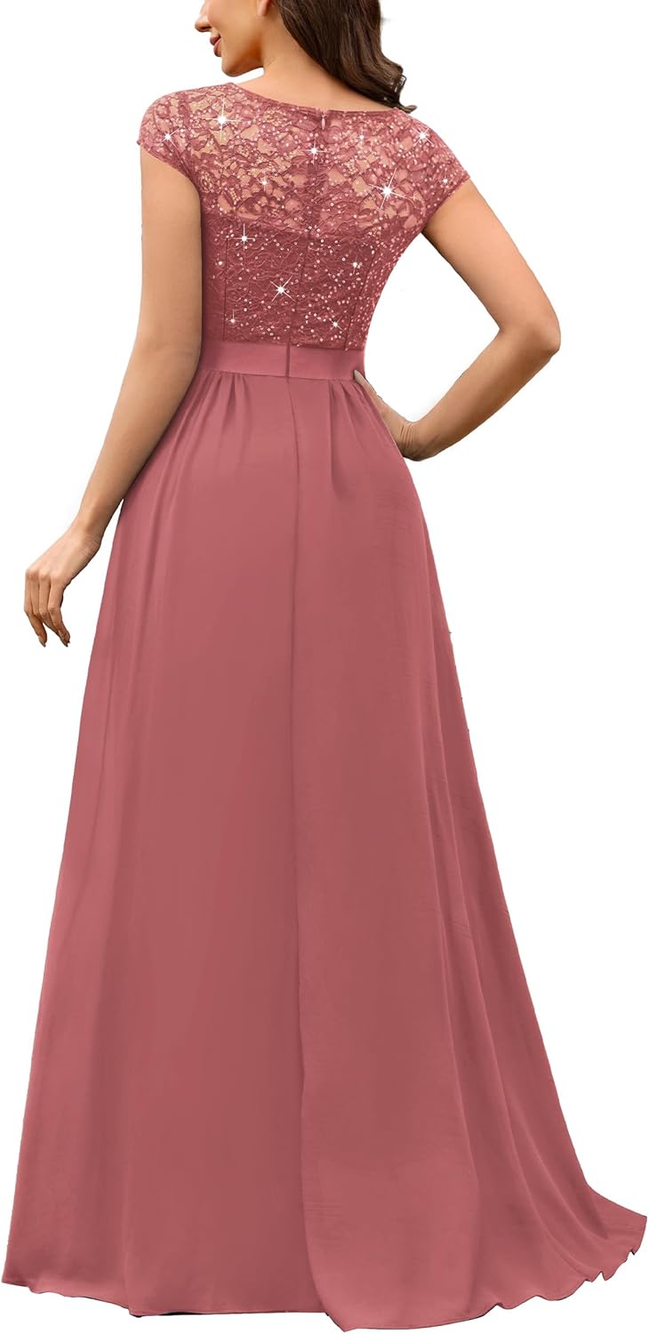 Miusol Women's Elegant V-Neck Cap Sleeve Sequined Floral Lace Formal Party Maxi Dress - Image 2