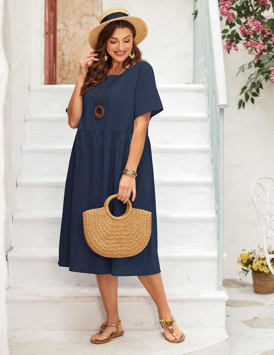 IN'VOLAND Plus Size Cotton Linen Dresses for Women Short Sleeve Summer Midi Dress with Pockets - Image 2