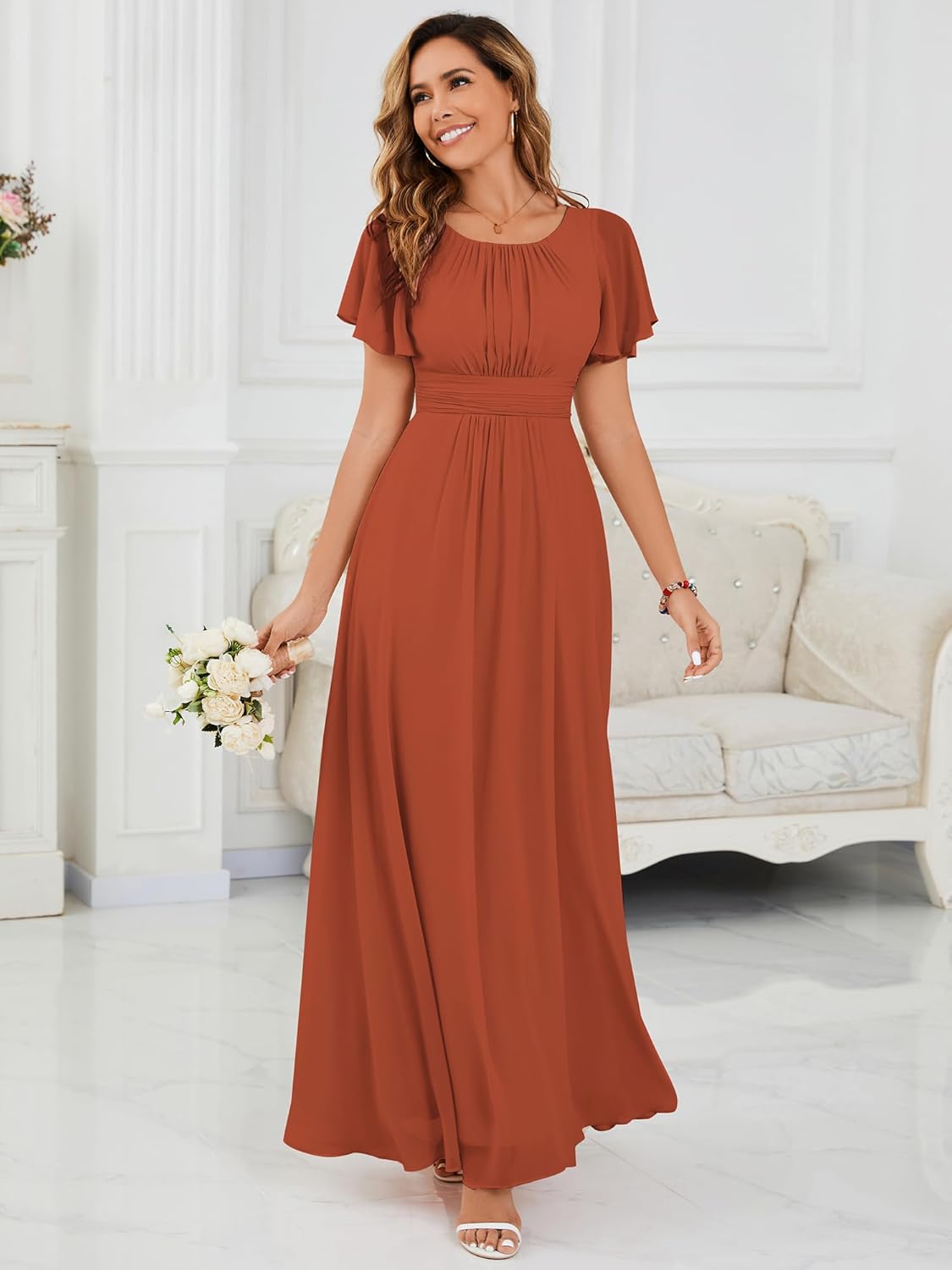 Ever-Pretty Women's Spring Elegant Round Neck Short Sleeve Chiffon Empire Waist Floor Length Formal Dresses Bridesmaid Dress - Image 3