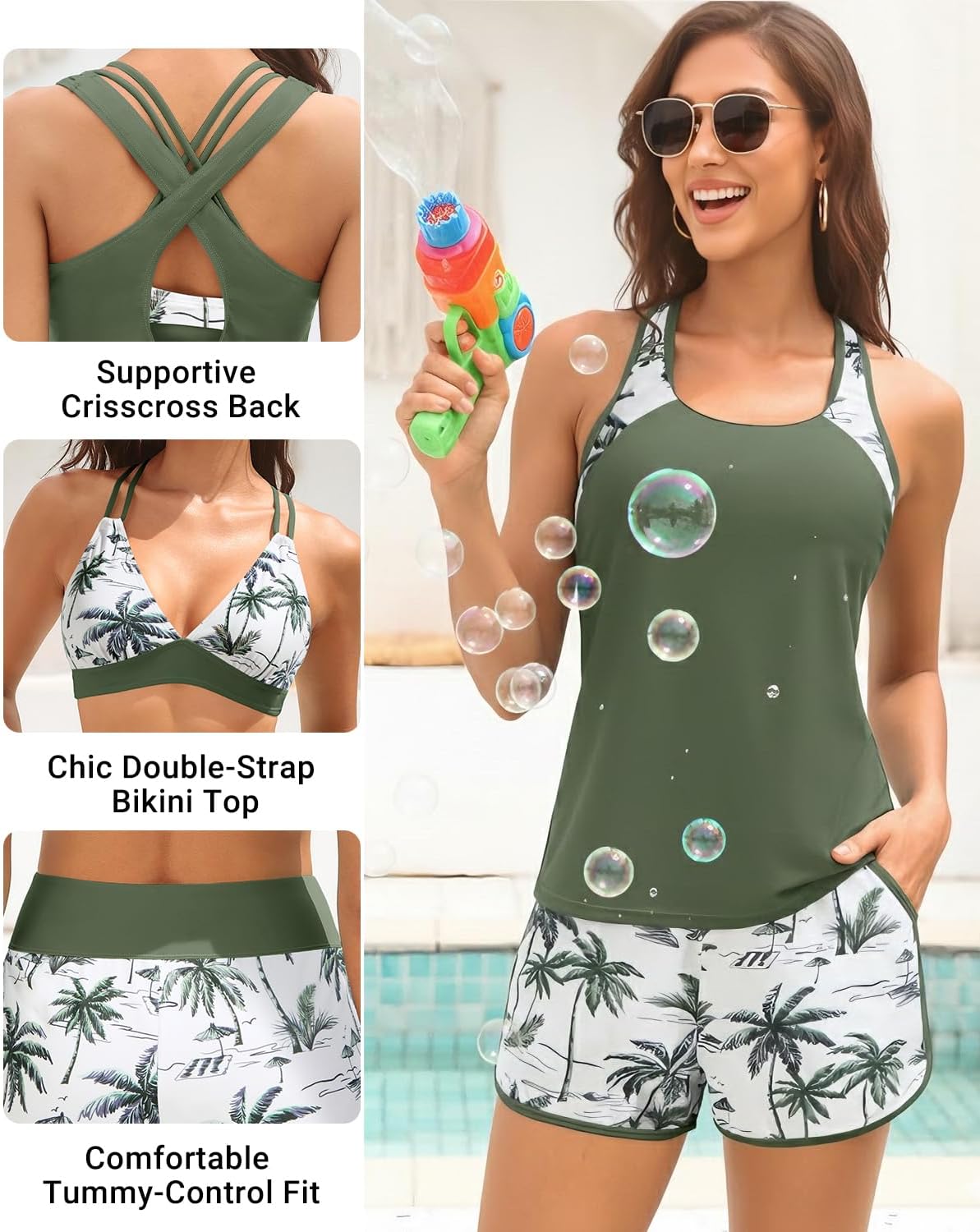 Daci Women 3 Piece Tankini Swimsuits - Tummy Control Tank Top with Bra Modest Bathing Suit with Pockets Boyshorts Bottom 2026 - Image 2