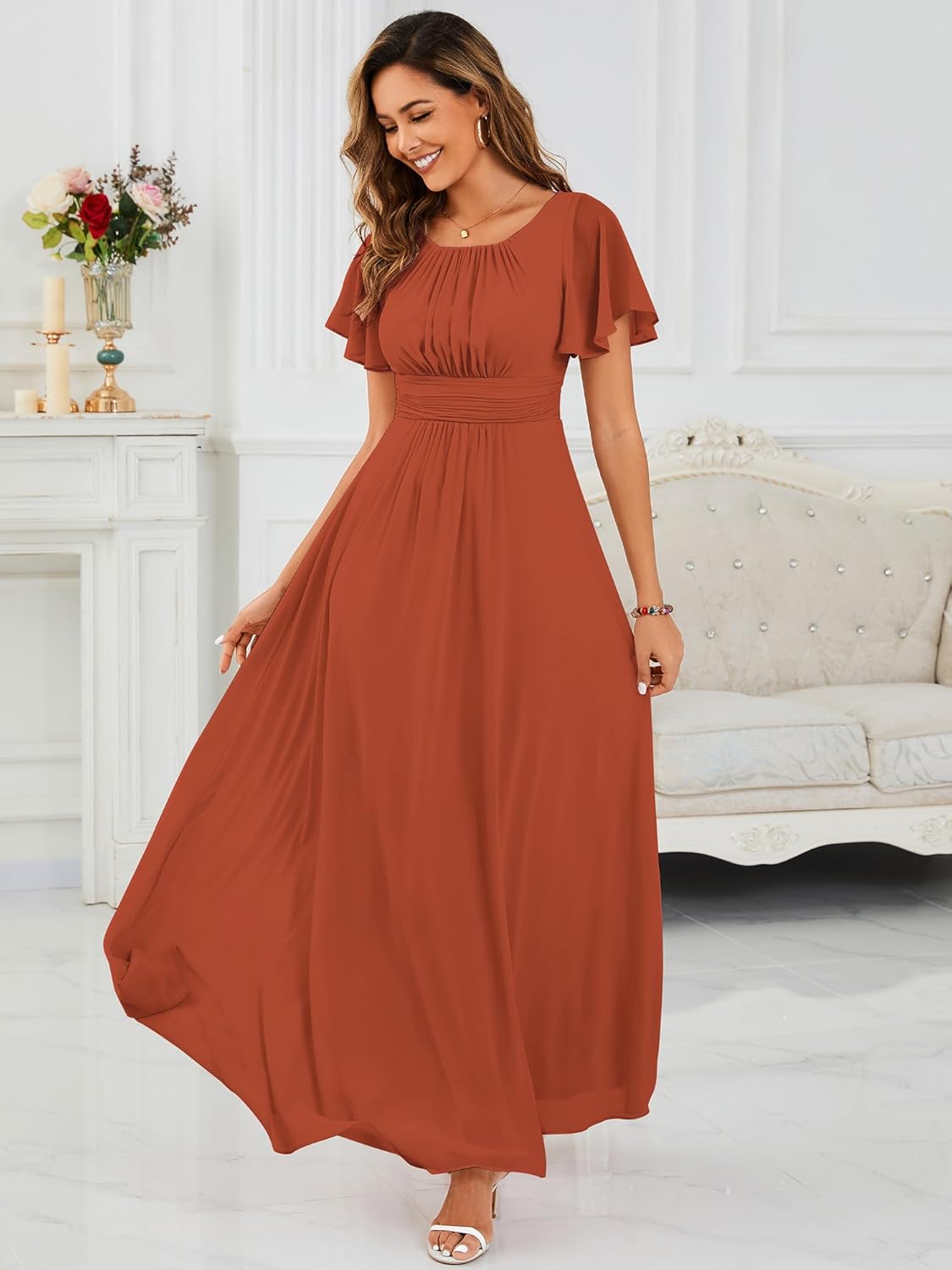 Ever-Pretty Women's Spring Elegant Round Neck Short Sleeve Chiffon Empire Waist Floor Length Formal Dresses Bridesmaid Dress - Image 4