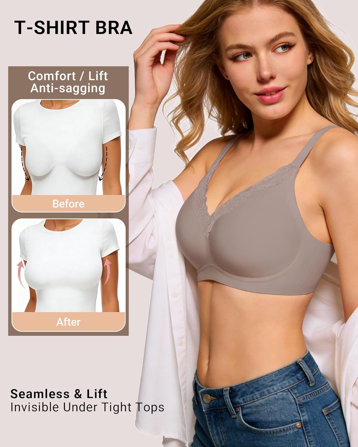 HORISUN Wireless No Underwire Bra for Women V-Neck Lace Trim Jelly Supportive Seamless Bra Comfortable Tshirt Bralette - Image 4
