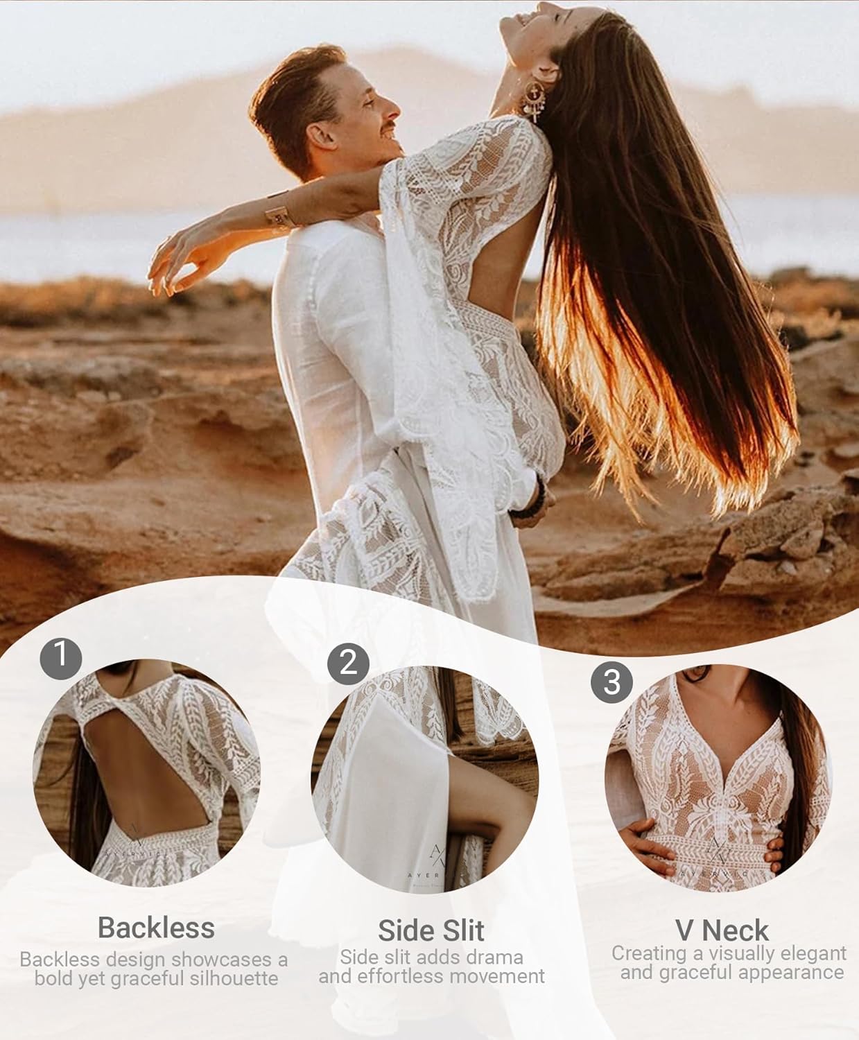 Women's Halter Lace Wedding Dress Removable Bell Sleeves High Slit A Line Long Informal Beach Bridal Gowns - Image 2
