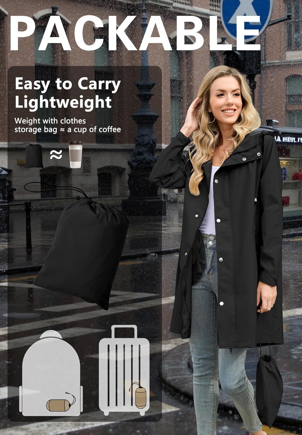 Zando Long Packable Rain Jacket Women Waterproof - Raincoat for Women Rain Coat with Hood Lightweight Outdoor Windbreaker - Image 3