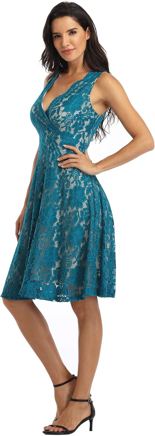 MISS MOLY Women's Floral Lace Overlay Fit and Flare Dress Sexy V-Neck Knee Length Elegant Party Wedding Dress - Image 4