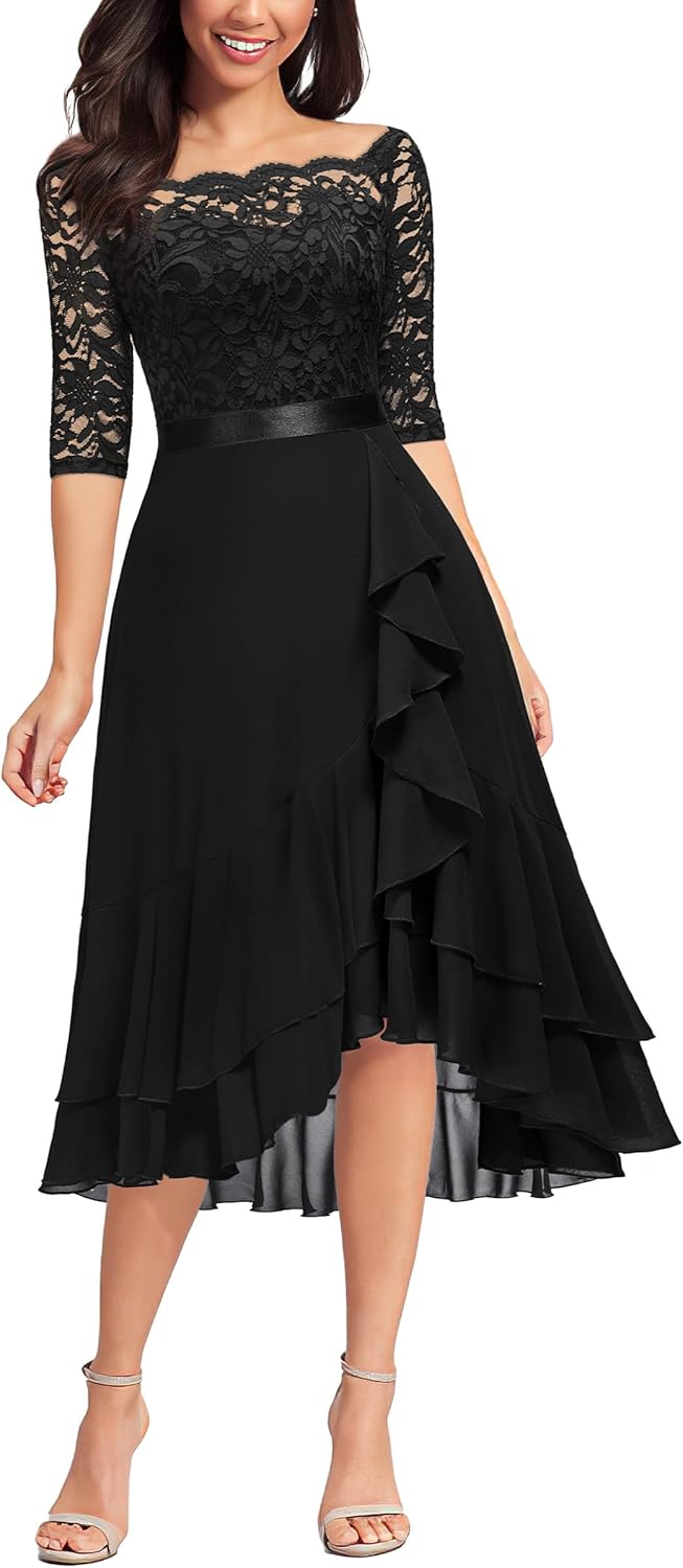 Miusol Women's Off Shoulder Elegant Floral Ruffle Half Sleeve Lace Contrast Chiffon Party Dress