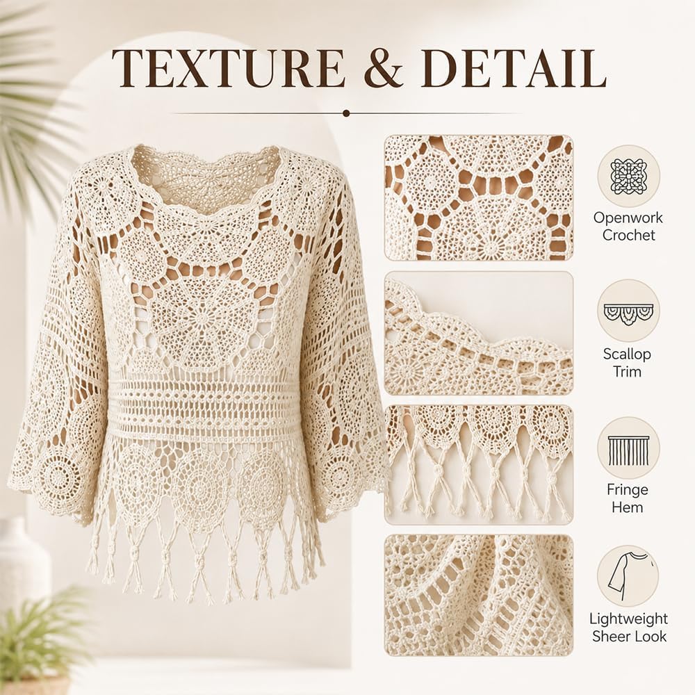 Womens Plain Fringe Trim Cut Out Sheer Cover Up, Boho Scallop Trim 3/4 Sleeve Round Neck Beach Cover Up - Image 5