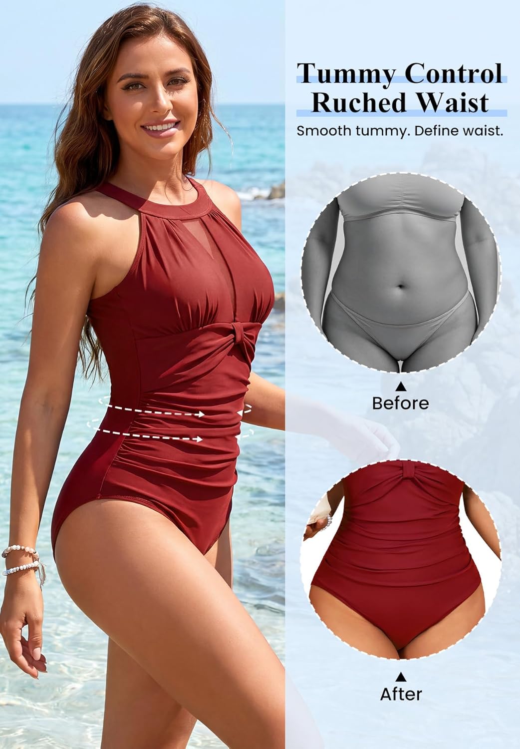 Zando 2026 Womens One Piece Swimsuits Tummy Control - High Neck Deep U-Back & Mesh Detail Bathing Suit - Image 4