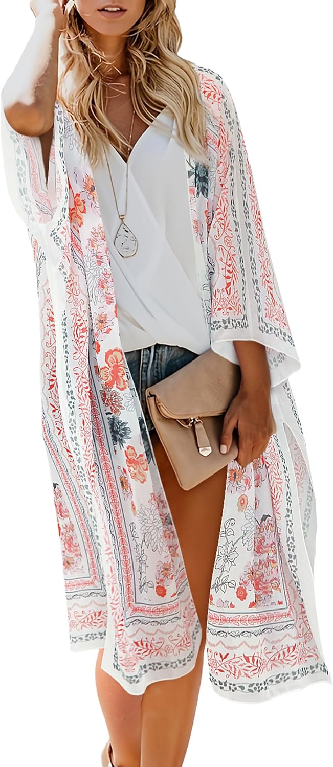 MayBuy Women's Summer Long Flowy Kimono Cardigans Boho Chiffon Beach Cover Up Tops - Image 2