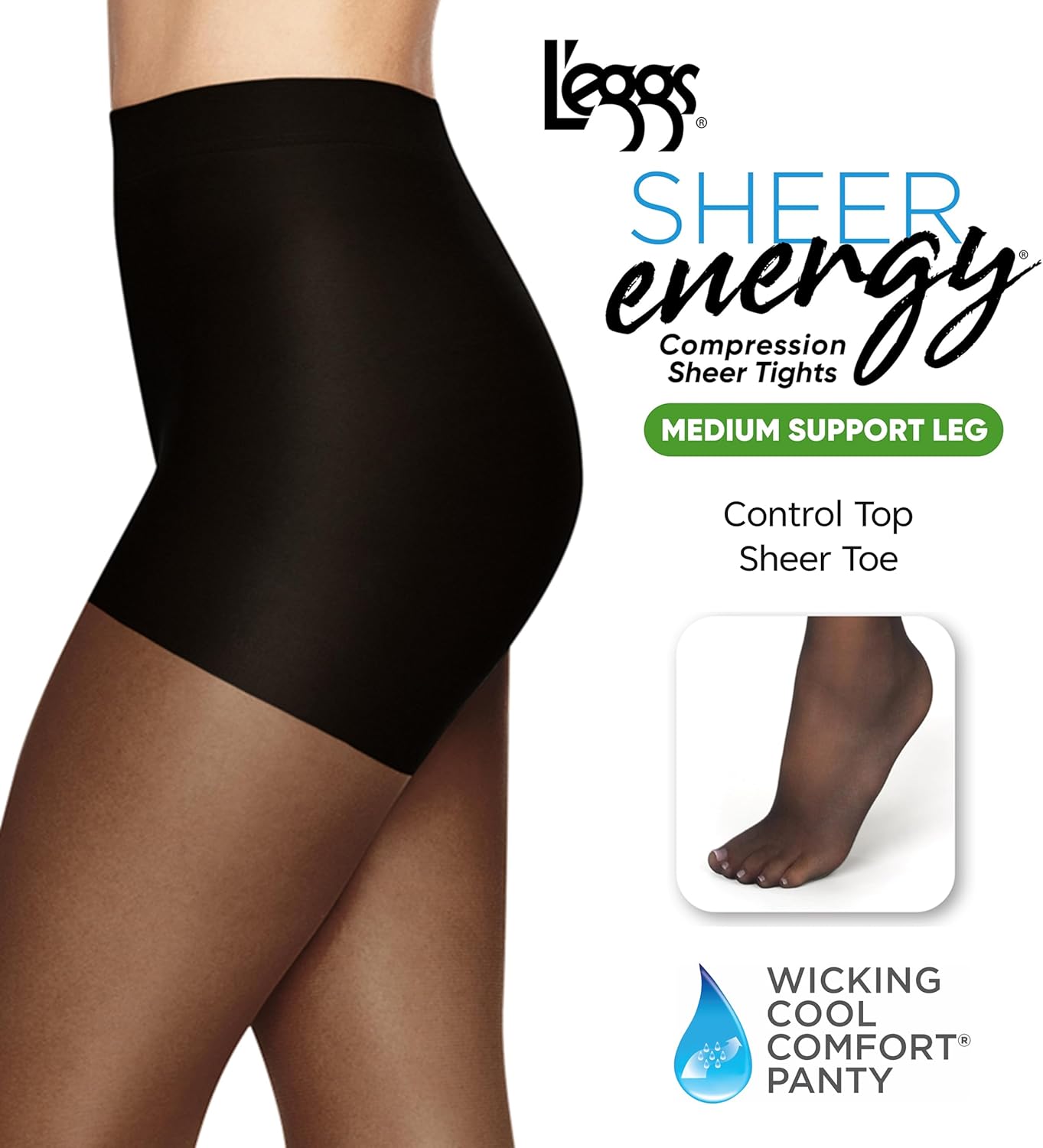 L'eggs Sheer Energy Women's Medium Support Leg, Control Top, Sheer Toe, Compression Tights - Image 3