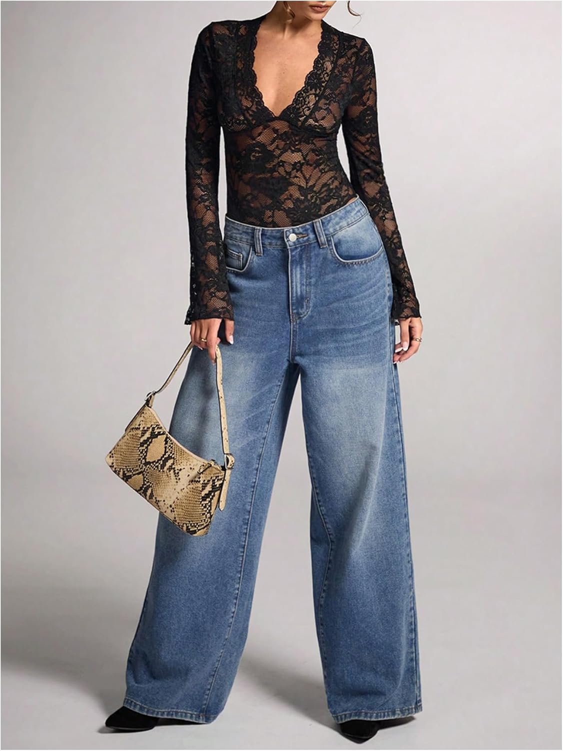 OYOANGLE Women's Mesh Sheer Floral Lace Bodysuits Deep V Neck Bell Long Sleeves Leotards Bodysuit Top Slim Fit Jumpsuit - Image 4