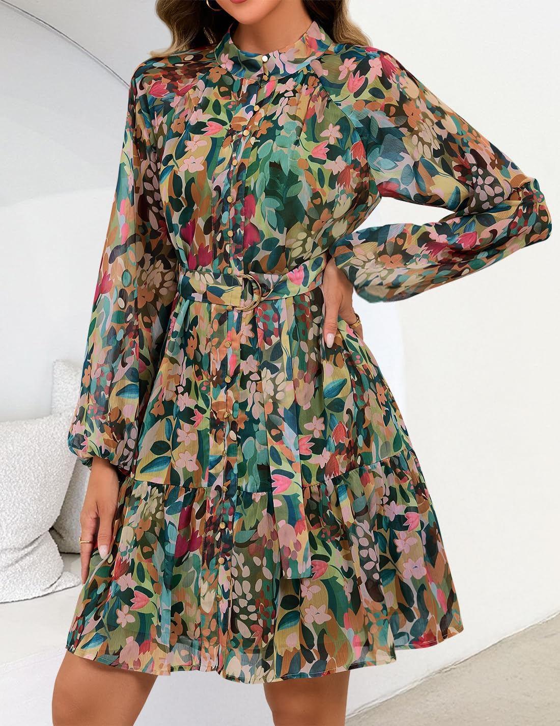 ZESICA Womens Spring Summer Floral Mini Dress Long Sleeve Button Chiffon A Line Swing Short Wedding Guest Party Dresses - Image 9