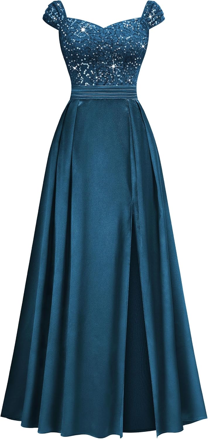 Miusol Women's Elegant V-Neck Sequin Lace Contrast Satin Split Bridesmaid Maxi Dress - Image 4