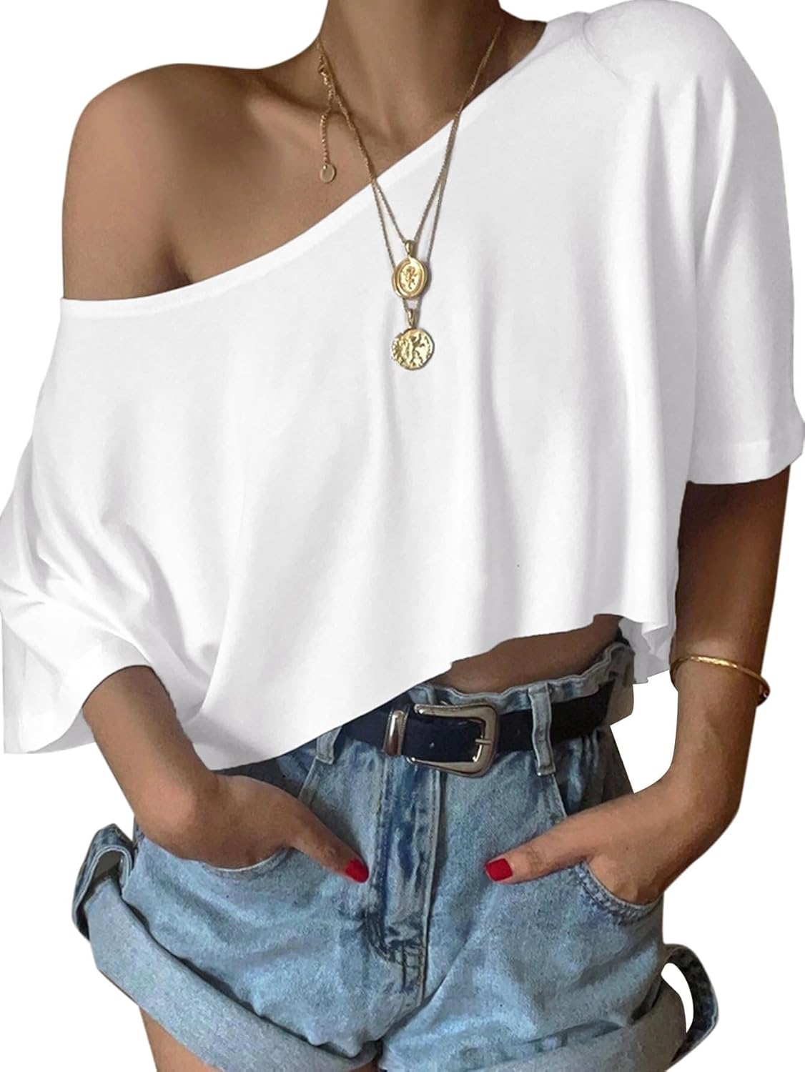 SOFIA'S CHOICE Women's Off Shoulder Crop Tops Loose Boat Neck Short Sleeve T Shirt