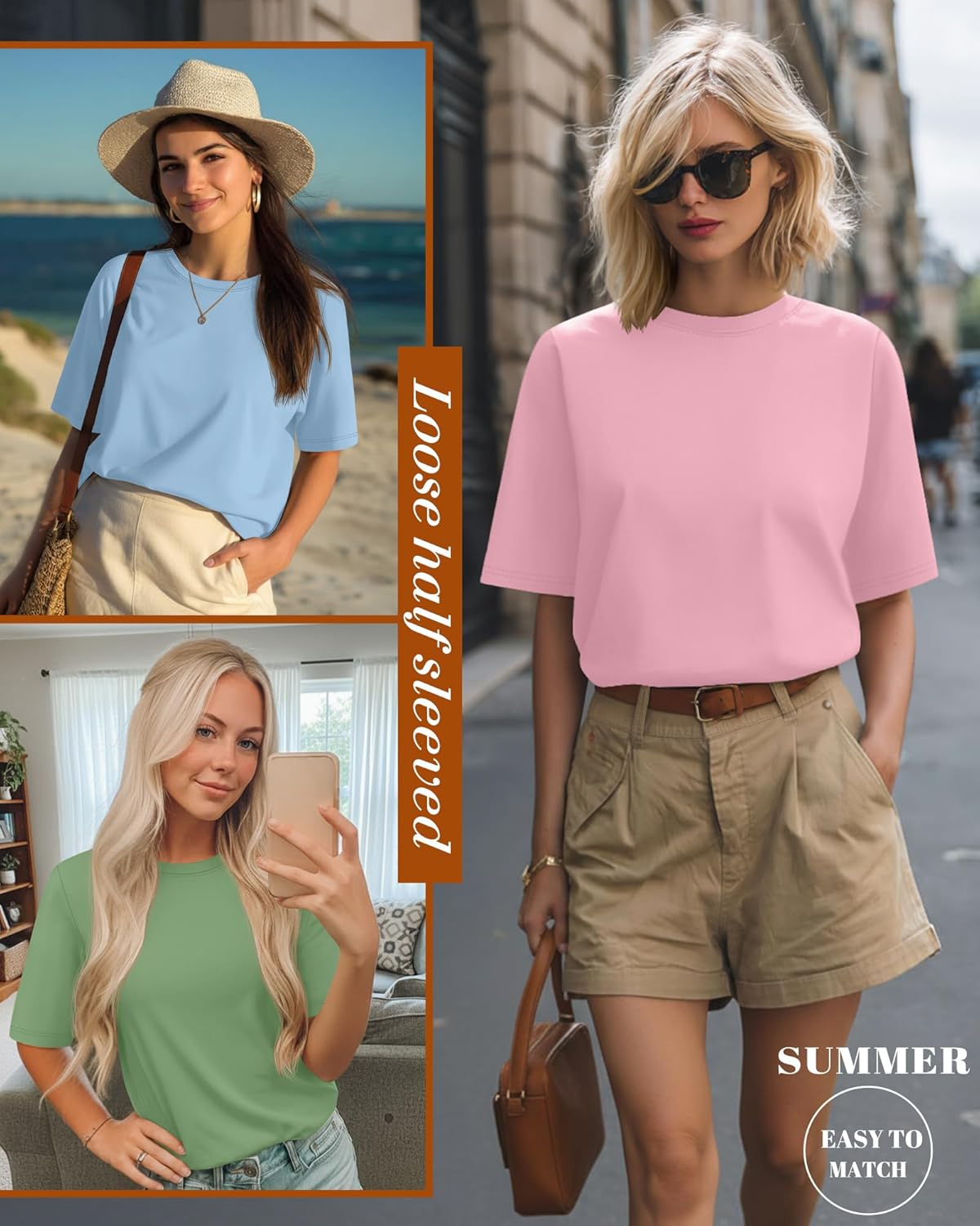 Huukeay 3 Pack Women's Half Sleeve T-Shirts, Crew Neck Elbow Length Tops Loose Casual Basic Tees Summer Tunic Tops - Image 6