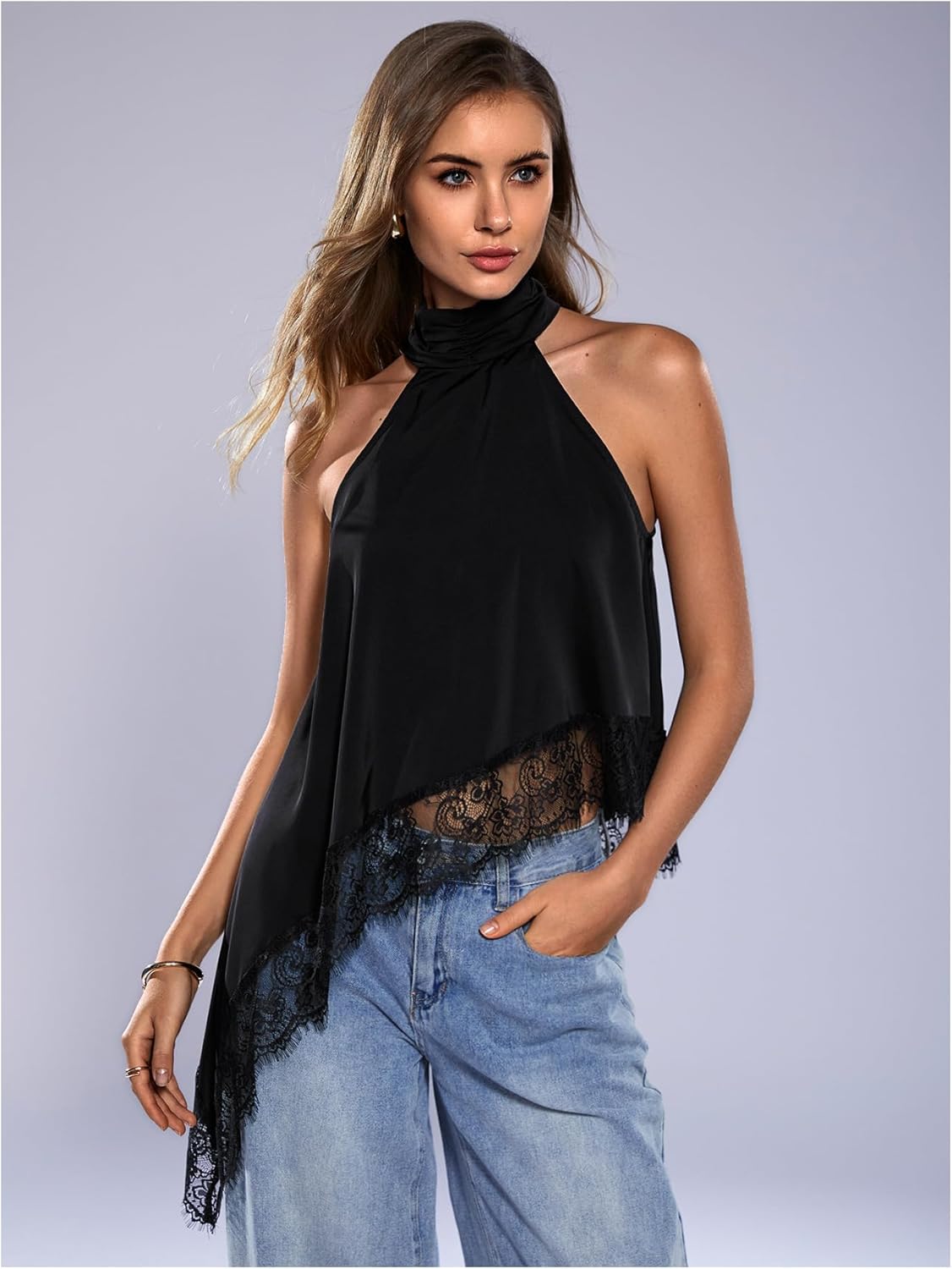 Milumia Women's Halter Neck Sleeveless Top Lace Asymmetrical Hem Summer Going Out Tank Tops - Image 3