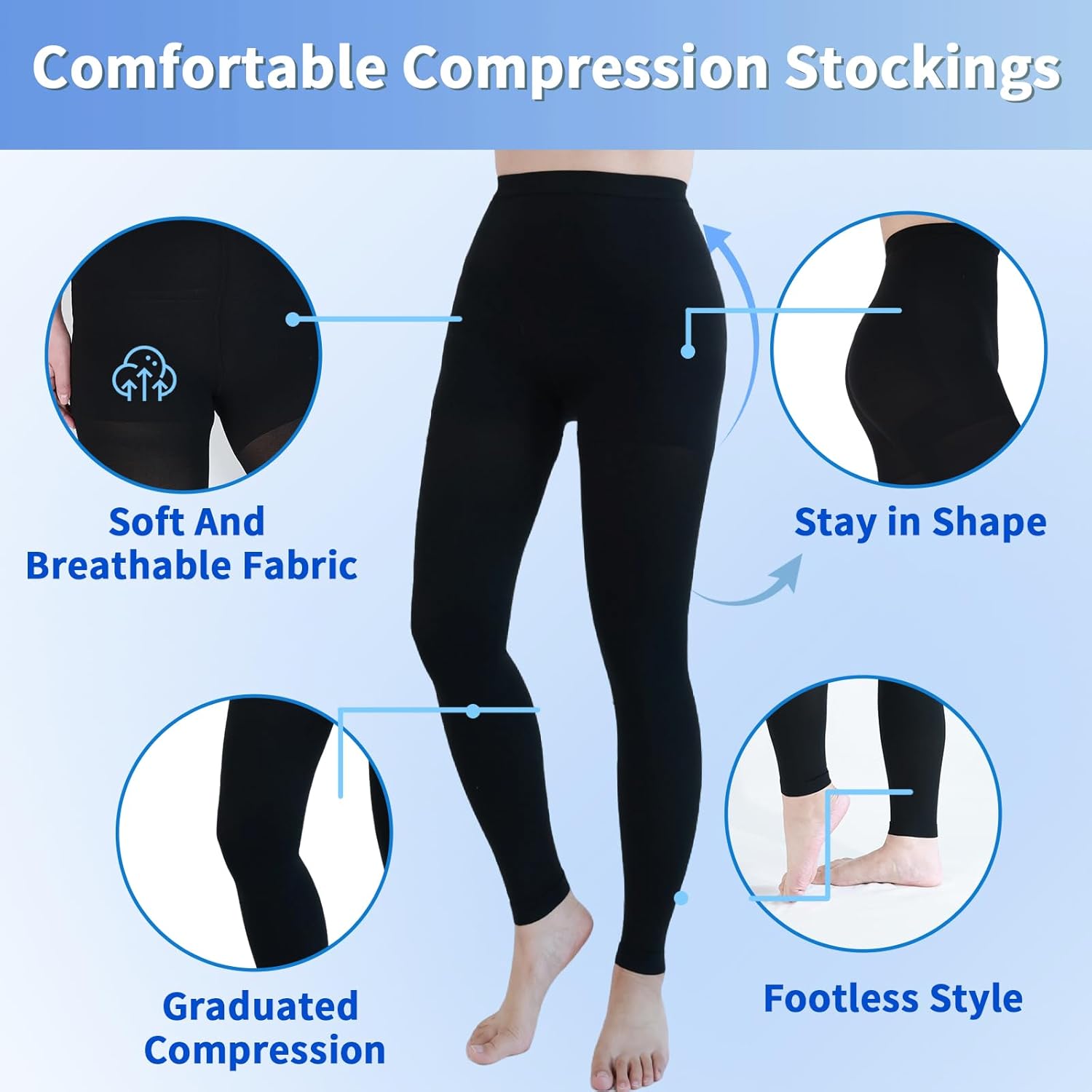 Medical Compression Pantyhose for Women & Men, 20-30mmHg Graduated Support Compression Tights Footless Medical Compression Stockings & Leggings for Edema, Varicose Veins, Swelling(Black,L) - Image 2