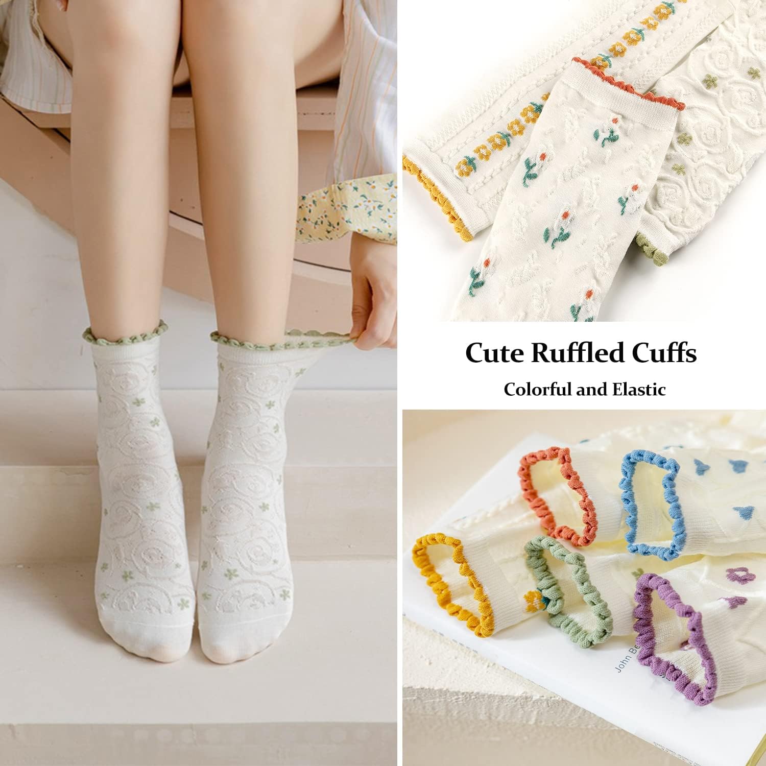 Women's Ruffle Socks, Casual Cotton Cute Novelty Socks, Breathable Crew Socks for Women Girl 5 Pairs - Image 5