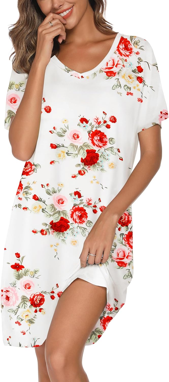 Kabento Nightgowns for Women Soft Cotton Sleep Shirts Short Sleeve Sleepwear S-XXL