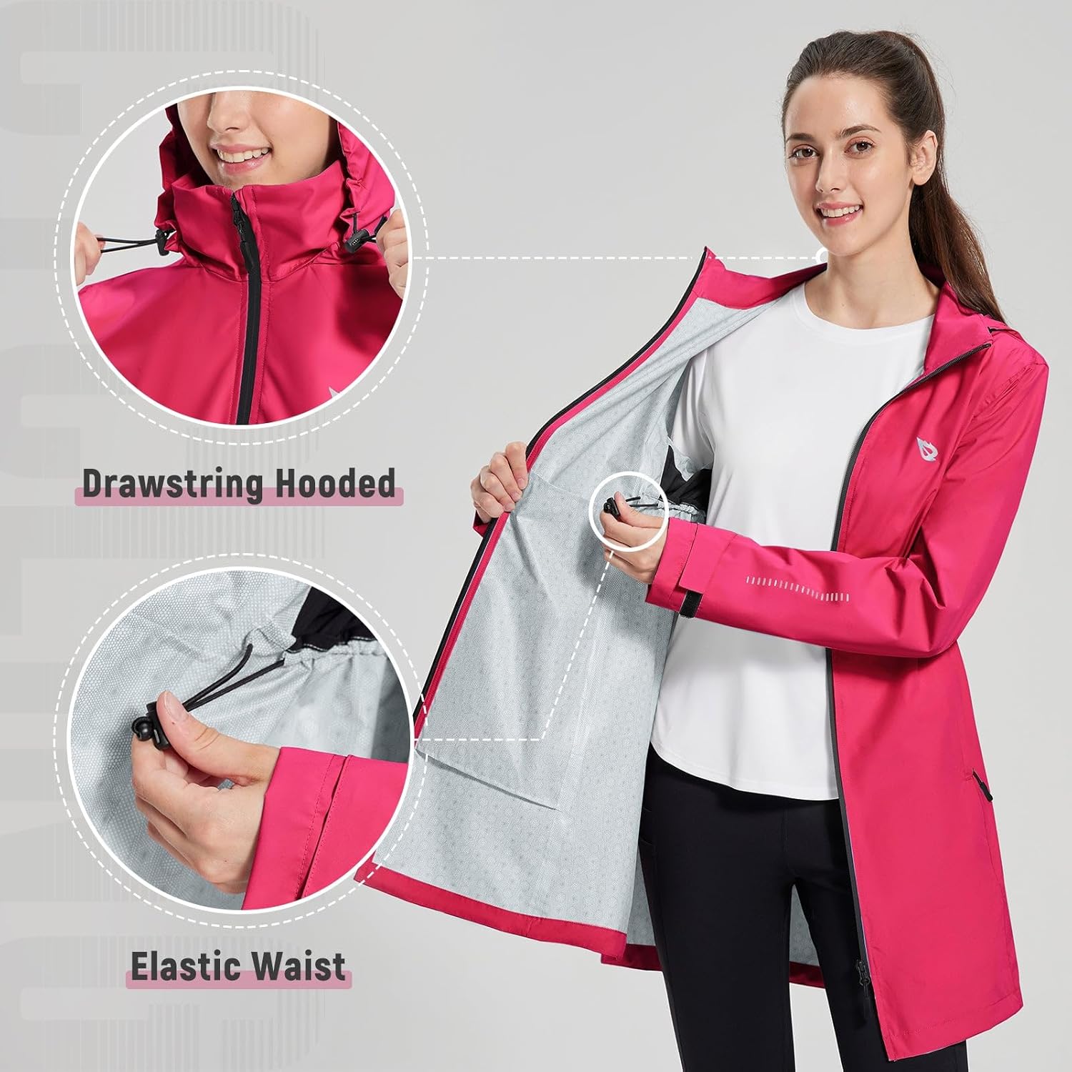 baleaf Women's Long Rain Coat Packable Waterproof Windbreaker Lightweight Cycling Jacket with Hood - Image 5