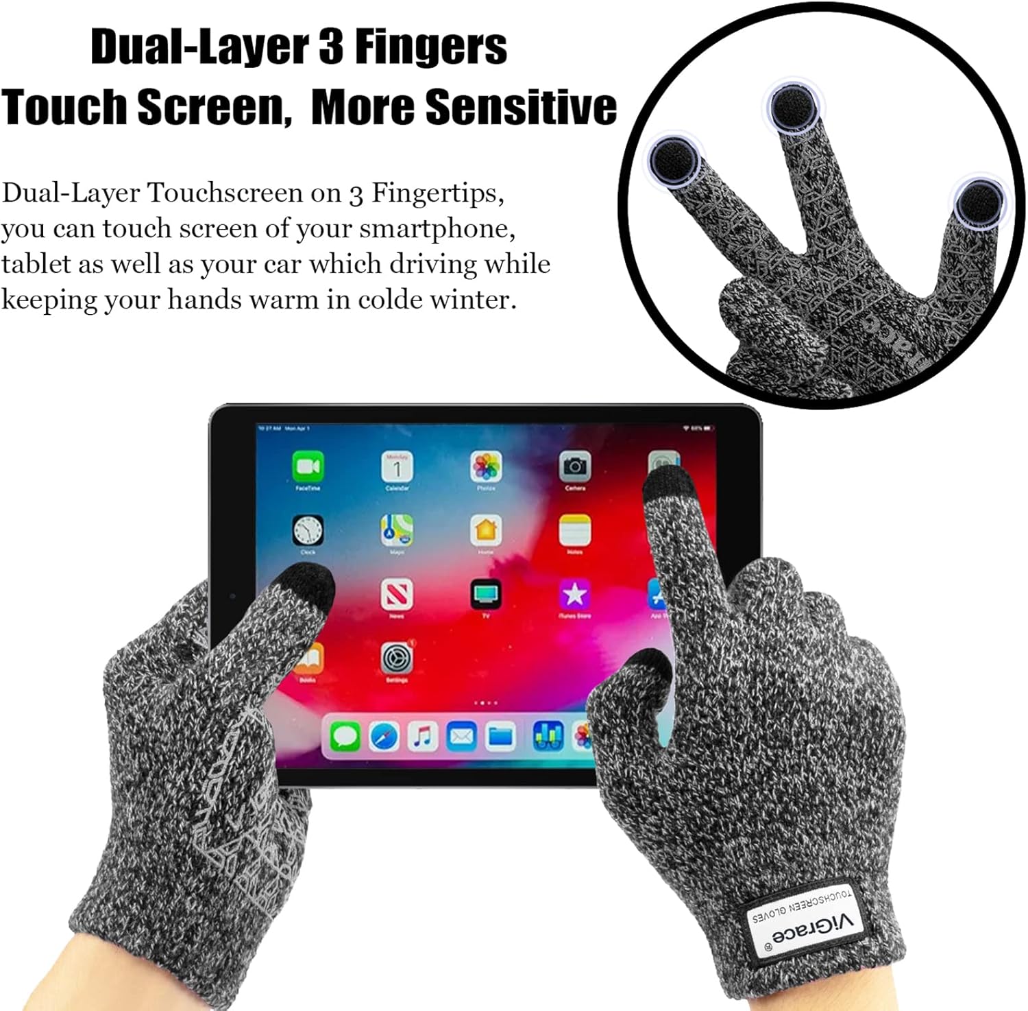 ViGrace Winter Warm Touchscreen Gloves for Men and Women Touch Screen Fleece Lined Knit Anti-Slip Wool Glove - Image 2