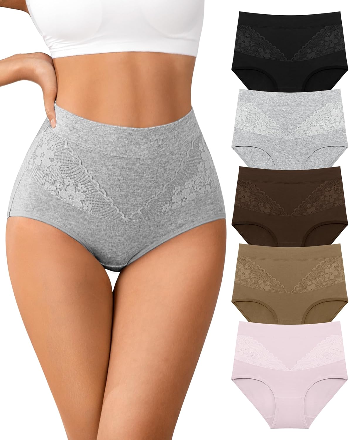 High Waisted Underwear for Womens Cotton Tagless Soft Ladies Panties Full Coverage Slight Tummy Control Briefs 5 Pack