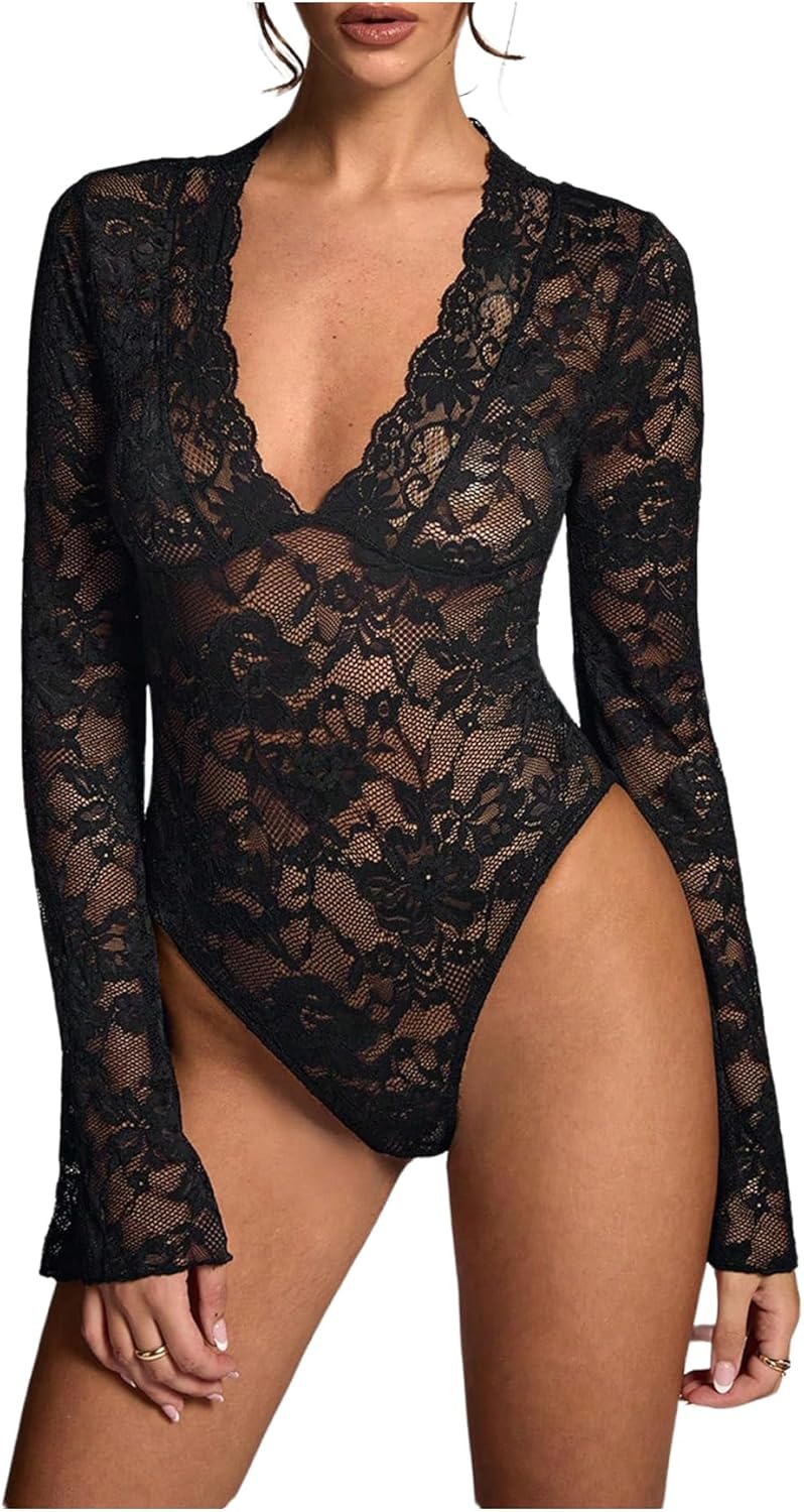 OYOANGLE Women's Mesh Sheer Floral Lace Bodysuits Deep V Neck Bell Long Sleeves Leotards Bodysuit Top Slim Fit Jumpsuit