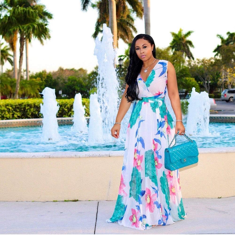 Nuofengkudu Womens Chiffon Deep V-Neck Stripe Printed Maxi Dress Unique Loose Summer Boho Dresses High Waiste(S-5XL) - Image 2
