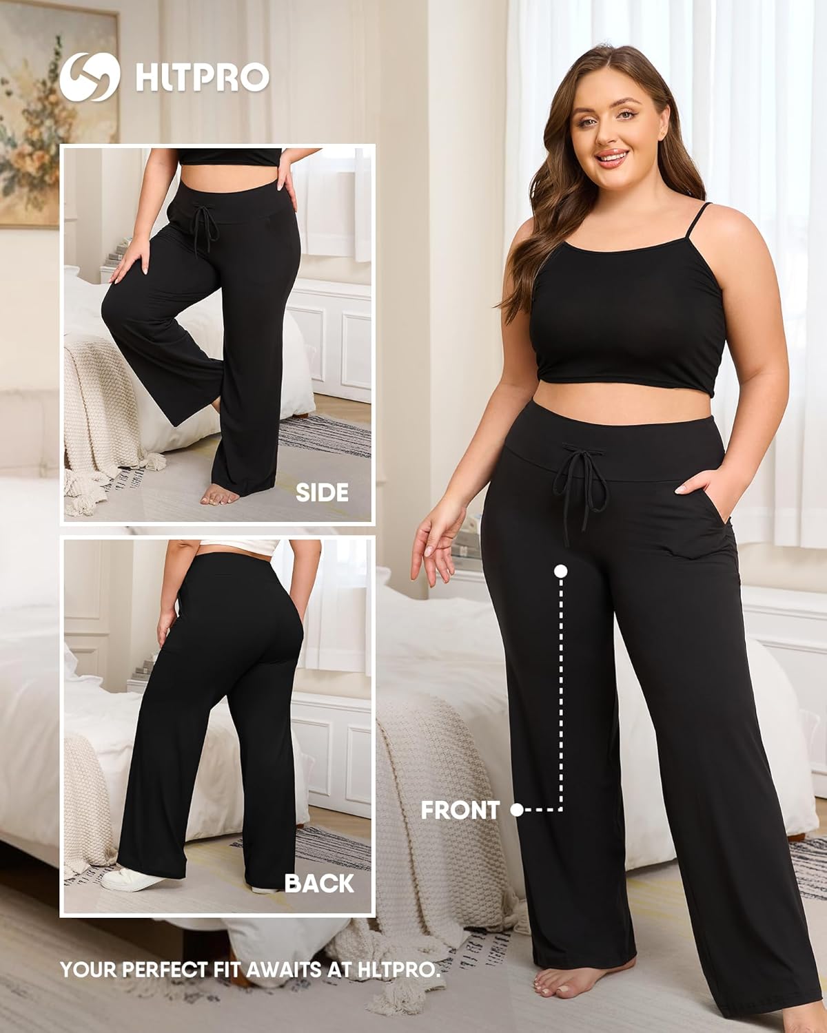 HLTPRO 3 Pack Lounge Pants Women Plus Size Wide Leg Pants Woman with Pockets Casual Pajama Palazzo Black Pant for Yoga - Image 3
