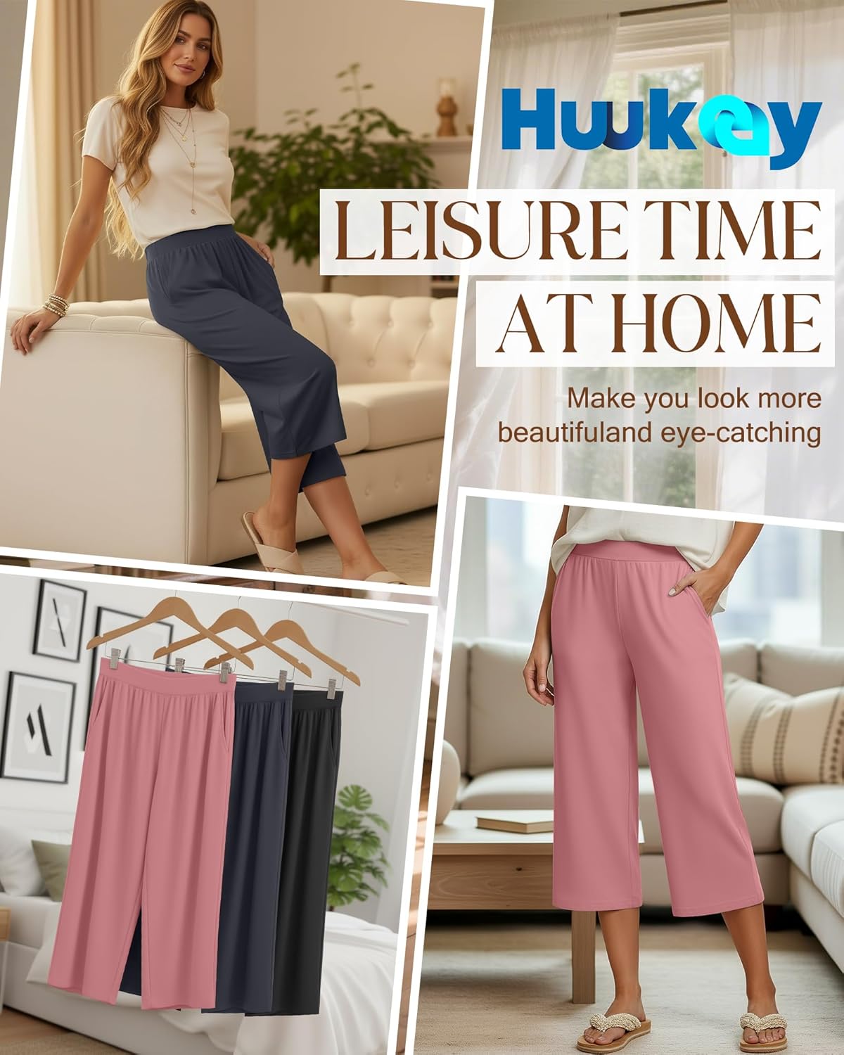 Huukeay 3 Pack Women's Capri Sweatpants Cozy Wide Legs Cropped Capri with Pockets Lounge Jogger Pants Workout Yoga Solid - Image 3
