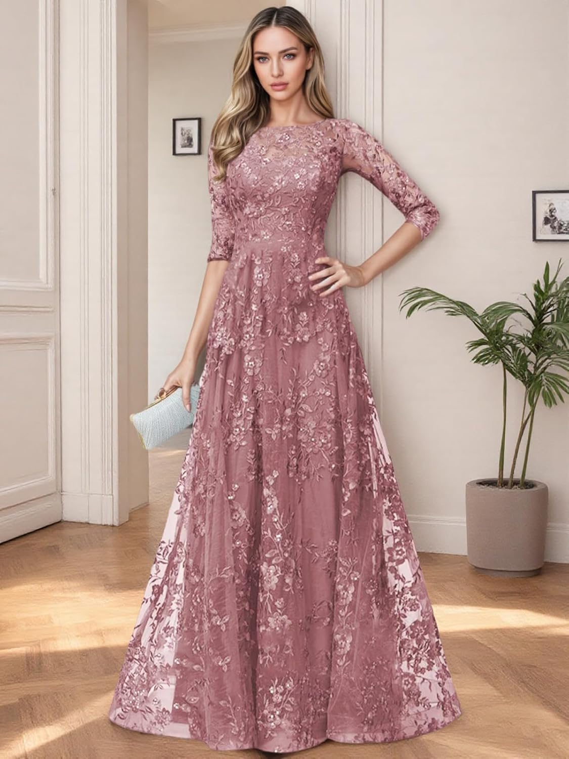 Lace Long Mother of The Bride Dresses for Wedding Guest 3/4 Sleeve Tulle Foraml Evening Party Gowns HX010 - Image 5