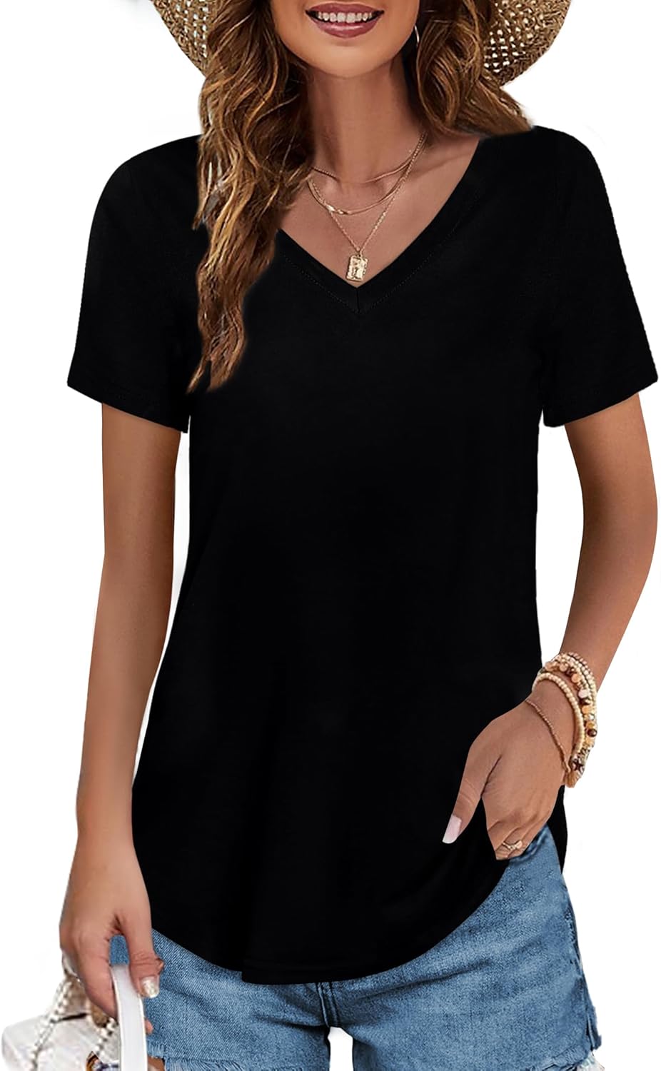 Elesomo Womens T Shirts V Neck Summer Short/Long Sleeve Cotton Tops Tees