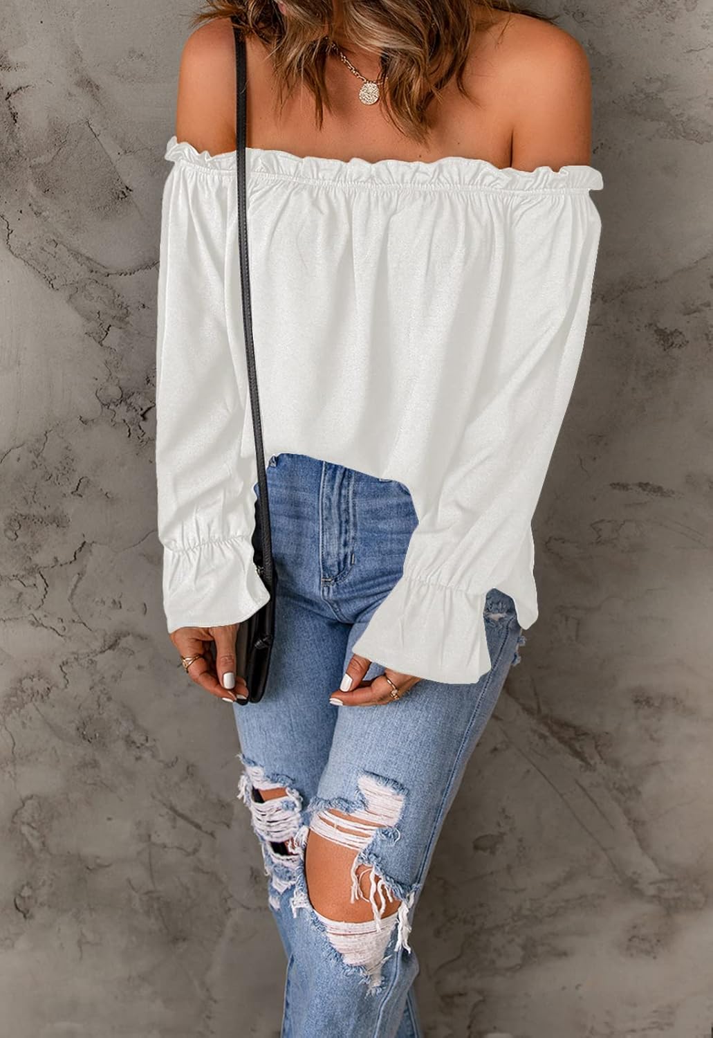 Spriolim Women's Off Shoulder Top Ruffle Long Sleeve Chiffon Blouse Casual Loose Shirts - Image 2