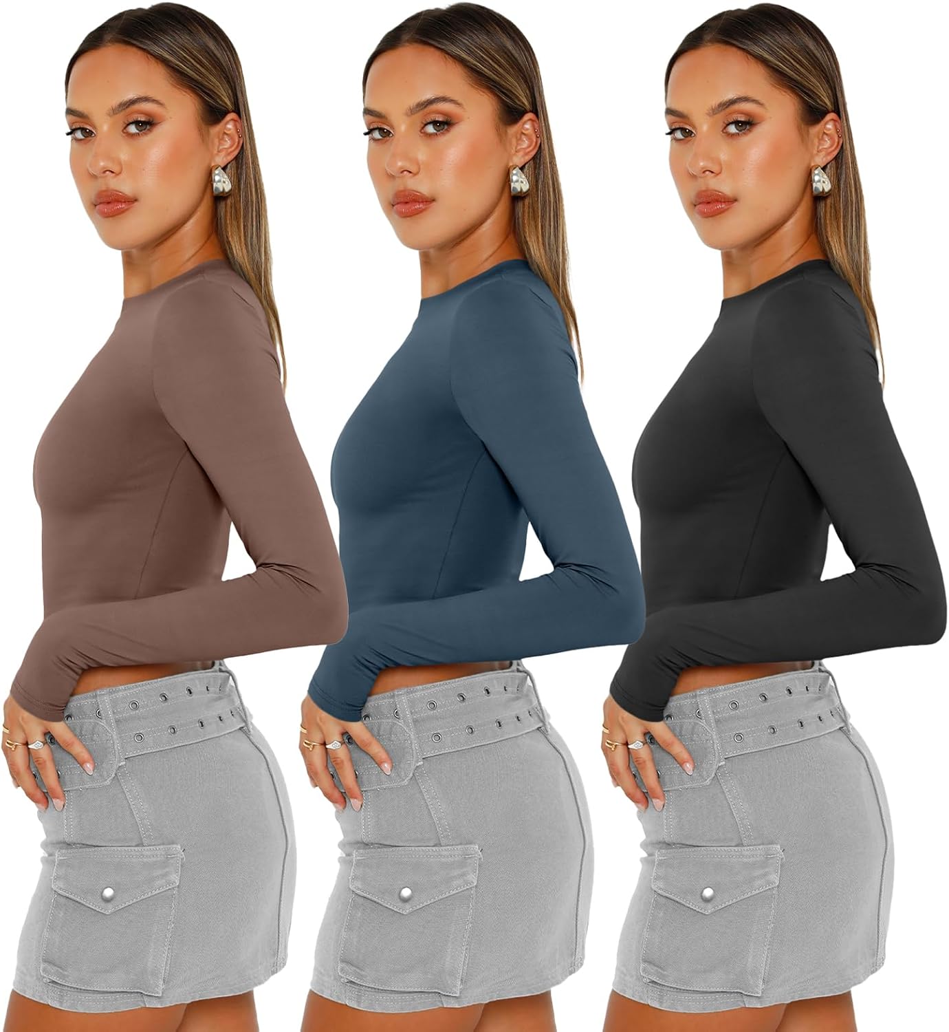 AUTOMET 3 Pack Womens Long Sleeve Shirts Y2K Going Out Crop Tops Cute Basic Slim Fitted Fall Fashion Outfits 2026 Clothes - Image 3